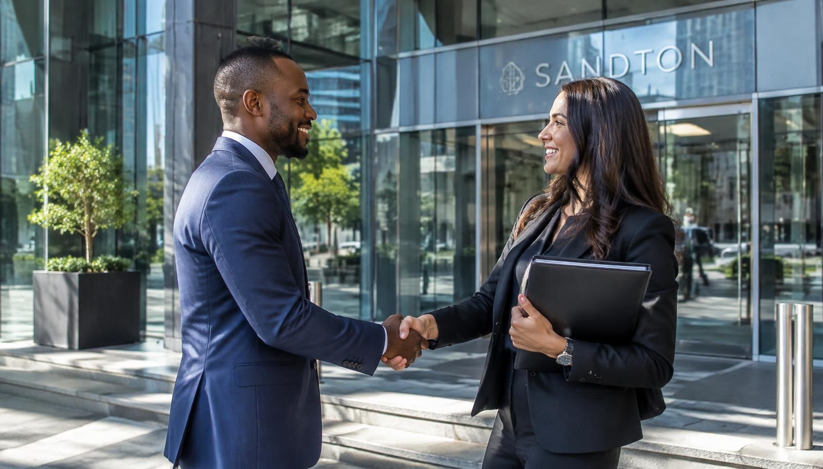 Broker shaking hands with a client outside a Sandton office