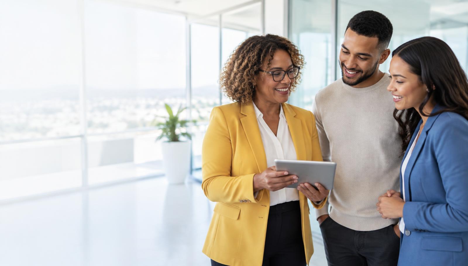An adviser consulting a couple in a bright office