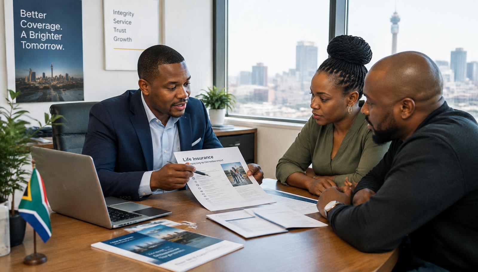 Broker explaining a policy document to clients