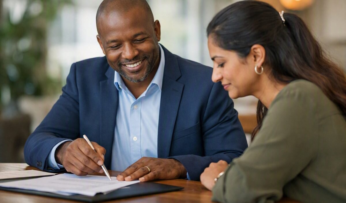 Broker and client smiling while reviewing and signing an insurance document
